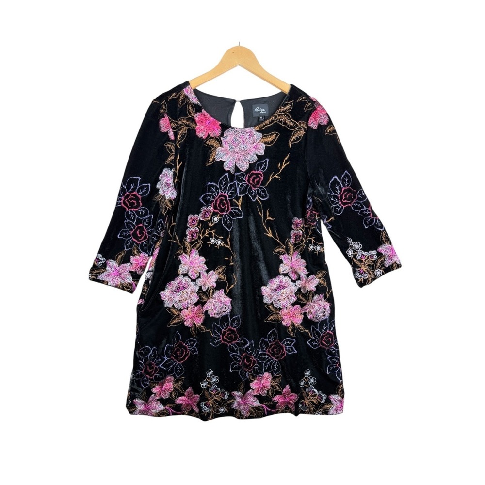 Beige‎ by ECI Floral Embroidered 3/4 Sleeve Dress size 12 Black/Pink